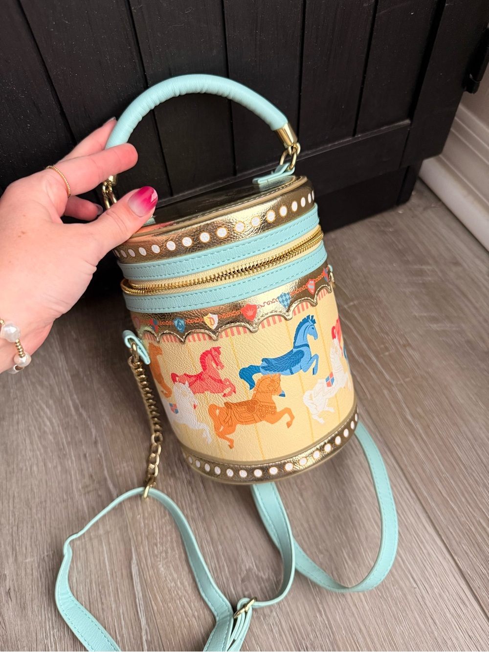 Disney Loungefly Carousel Print Cylinder Crossbody Bag purse King Arthur - Picture 4 of 5